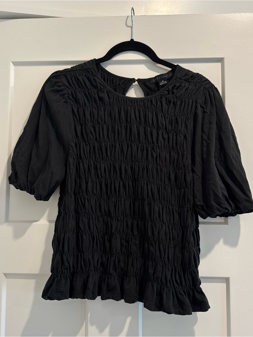 Sanctuary Black Smocked Puff Sleeve Blouse